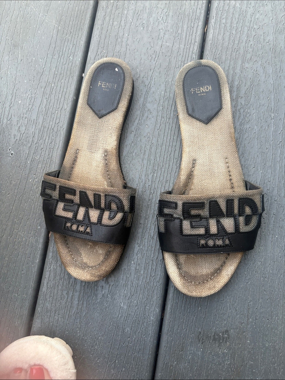 Fendi Black Logo Slide Sandals with Tan Insole